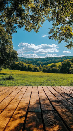 Sunlight filters through the trees onto a wooden deck, casting shadows on the planks. The expansive green field and distant hills create a serene atmosphere in a natural setting.の素材