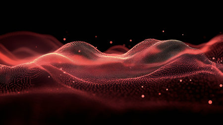 The image depicts flowing red wave patterns created by numerous particles, set against a dark background. The visual conveys a sense of movement and energy within a stylized digital environment.の素材