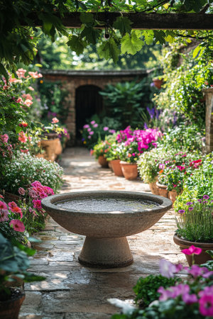 Vibrant flowers in various pots line a picturesque garden path, leading to a stone birdbath at its center, surrounded by lush foliage and sunlight filtering through the trees.の素材