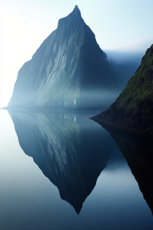 A towering mountain with lush greenery rises steeply from tranquil waters during the early morning. The reflection creates a harmonious view of natures beauty and tranquility.の素材