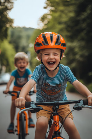 Two energetic boys ride their bicycles down a tree lined path, laughing and enjoying the sunny weather. Their bright helmets add to the joyful atmosphere of the outdoor activity.の素材