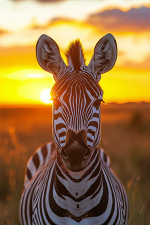 A close up of a zebra with striking black and white stripes stands in a savannah during sunset. The golden glow highlights the zebras features, creating a serene atmosphere.の素材