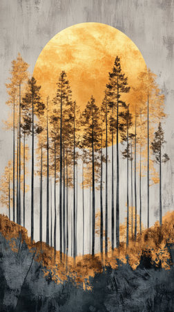 The towering silhouette of evergreen trees creates a striking contrast against a large orange sun setting in the twilight sky. The calming scene evokes a sense of peace and natures beauty.の素材