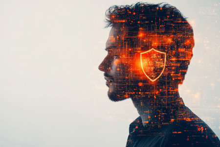 A man in a suit is depicted in profile against a minimalist background, with a digital representation of scales of justice merging into his silhouette, showing themes of law and technology.の素材