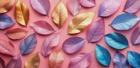 Vibrant leaves in various shades of purple and pink are artistically spread across a soft pink surface, creating an eye catching display of autumn colors and textures.の素材