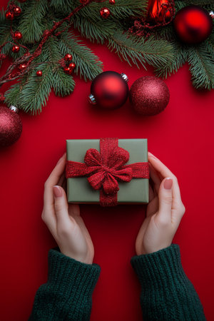 Two hands hold a neatly wrapped Christmas gift adorned with a red ribbon. Surrounding it are holiday ornaments and greenery on a vibrant red backdrop, evoking festive cheer.の素材