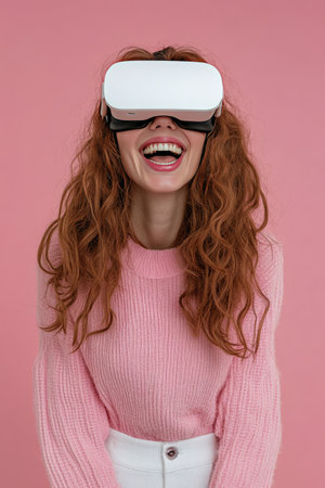 A young woman is wearing virtual reality goggles and smiling joyfully, immersed in her virtual experience. The vibrant pink background adds a fun atmosphere to her excitement.の素材