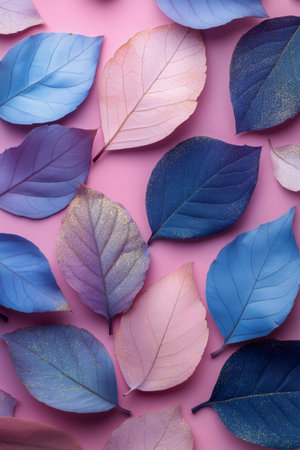 A dynamic arrangement of vibrant purple and blue leaves is spread across a soft pink background. Subtle golden flecks add elegance to the springtime composition, evoking a cheerful ambiance.の素材