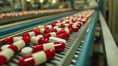 A conveyor belt transports vibrant red and white capsules through a busy pharmaceutical production area. Workers are seen in the background, ensuring smooth operations.の素材