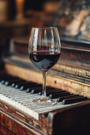 A glass of red wine is placed delicately on the keys of an old piano, which has sheet music laid across the surface. The setting creates a warm and inviting atmosphere.の素材