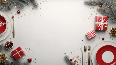 A beautifully arranged Christmas dining table features bright red plates, shiny ornaments, and golden stars for a festive gathering. Wrapped presents add to the joyful holiday spirit.の素材