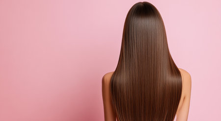 A woman with long, sleek hair stands with her back to the viewer, showcasing her glossy locks against a soft pink wall. The overall atmosphere is calm and inviting.の素材