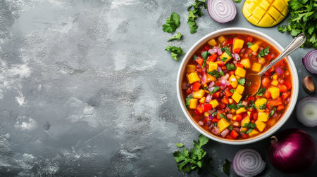 A vibrant bowl of vegetable salsa filled with fresh diced ingredients like mango, onion, and herbs is set on a dark textured surface.の素材