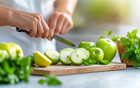 Fresh green apples and lemons are sliced alongside mint leaves. A person prepares a nutritious juice in a bright kitchen setting, with vibrant colors highlighting the ingredients.の素材