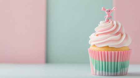 A beautifully crafted cupcake layers of pastel colors with soft pink frosting. A cute decorative figure sits atop, contrasting against a serene pastel backdrop.の素材