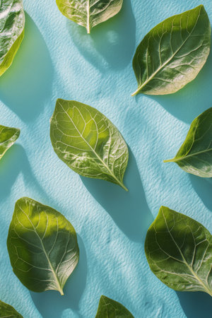 A collection of fresh green leaves is thoughtfully arranged on a bright blue background, highlighting their intricate veins and natural texture, creating an appealing display of natures beauty.の素材