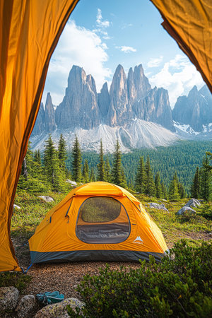 A vibrant yellow tent is pitched on rocky ground, surrounded by towering mountains and a clear blue sky. Snow capped peaks rise dramatically in the background, showing stunning natural beauty.の素材