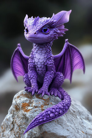 A small, dragon inspired creature with purple skin and prominent wings sits confidently on a rock in a natural environment. It showcases its vibrant colors under bright sunlight.の素材
