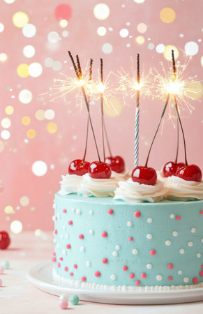 A beautifully decorated blue birthday cake sits invitingly, topped with cherries and sparklers, against a soft pink background adorned with balloons. The celebration is vibrant and joyful.の素材