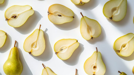 Yellow apples are sliced in half and placed artistically on a clean white surface. The arrangement showcases the fruits texture and seeds, highlighting freshness and simplicity.の素材