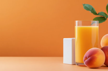 A glass filled with fresh peach juice is garnished with mint leaves, surrounded by ripe peaches and sugar cubes. The light blue background enhances the refreshing summer vibe.の素材