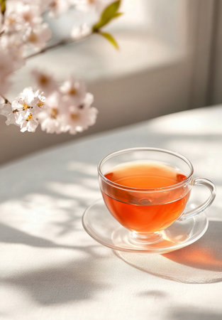 A clear glass cup filled with golden tea sits next to a silver hourglass on a light fabric surface, illuminated by gentle natural light, creating a calm and inviting atmosphere.の素材