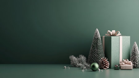 Green wrapping presents, pine trees, and festive decorations create a cheerful winter atmosphere perfect for holiday celebrations. The scene evokes the spirit of giving and joy.の素材