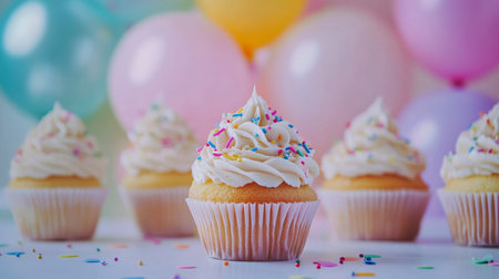 A delightful arrangement of cupcakes topped with creamy frosting and colorful sprinkles is displayed. Soft pastel balloons create a festive atmosphere, perfect for a birthday or party.の素材