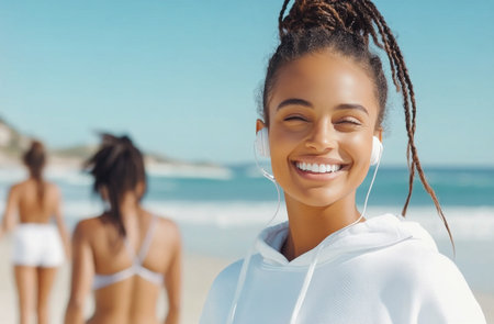 A young woman smiles widely while listening to music with earphones on a sunny beach. Her hair flows in the breeze as she immerses herself in the relaxing atmosphere by the ocean.の素材