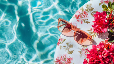 A vibrant summer afternoon is highlighted by a pools glistening water, adorned with sunglasses resting on a floral towel alongside bright bougainvillea flowers, creating a relaxing atmosphere.の素材