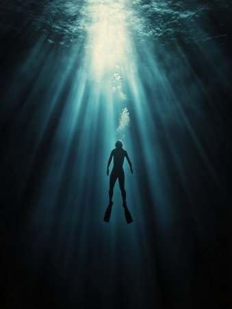 A diver is submerged in deep ocean waters, surrounded by soft rays of sunlight that pierce through the surface. The setting creates an ethereal atmosphere as the diver descends into the blue.の素材