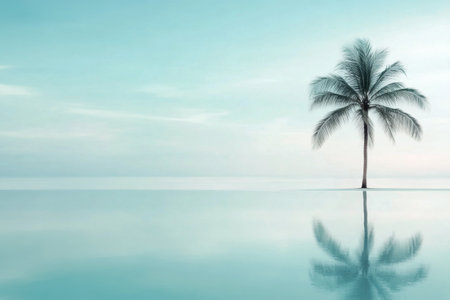 A solitary palm tree stands tall in calm waters, creating a perfect reflection. The early morning light adds a peaceful ambiance to the serene landscape, with a soft blue sky above.の素材