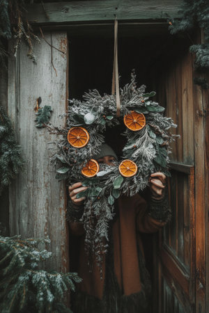 A person stands at a rustic wooden door, holding a beautifully crafted wreath adorned with dried oranges and greenery. The scene captures a cozy winter atmosphere.の素材