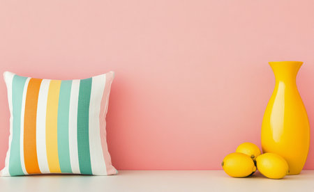 A yellow vase holds delicate flowers, while a colorful striped pillow adds a vibrant touch next to fresh lemons. The setup creates a cheerful atmosphere against a soft pink backdrop.の素材