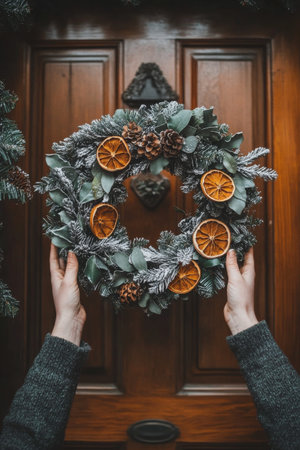 A person stands at a rustic wooden door, holding a beautifully crafted wreath adorned with dried oranges and greenery. The scene captures a cozy winter atmosphere.の素材