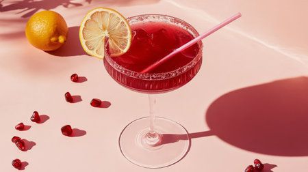 A vibrant red cocktail sits in a stylish glass on a soft pink surface. Dried lime slices adorn the drink alongside scattered pomegranate seeds, creating an inviting atmosphere.の素材
