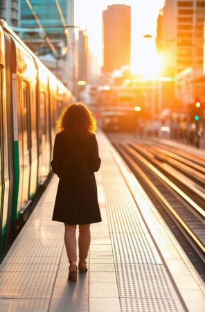 A woman with curly hair walks away from the camera on a modern train platform. The sun sets behind the city skyline, creating a warm glow and highlighting the busy environment.の素材