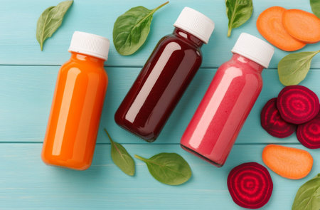 Two bottles of colorful vegetable juices sit on a light blue wooden table surrounded by fresh ingredients like carrots, beets, and spinach. The bright colors create an inviting display.の素材