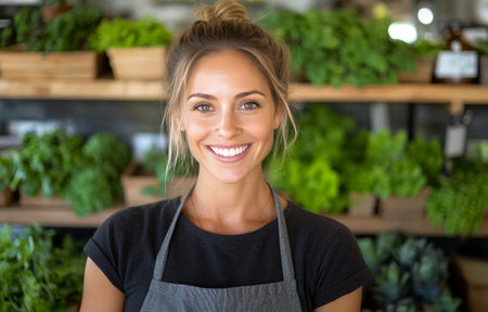 A cheerful young woman stands in an urban market, wearing a gray shirt and apron. She poses happily in front of shelves filled with vibrant green herbs and plants, reflecting a lively atmosphere.の素材