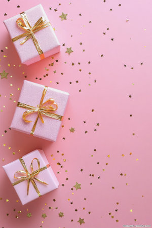 Three pastel pink gift boxes adorned with golden ribbons are arranged on a soft pink surface. Golden star confetti is scattered around, creating a festive atmosphere perfect for parties.の素材