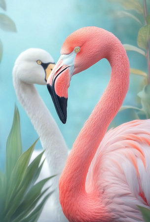 Two flamingos stand gracefully near the water, one displaying striking pink and white plumage, with a clear blue sky in the background. The scene captures their elegance and beauty in nature.の素材