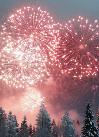 Bright fireworks burst in vibrant colors over a snowy forest, creating a festive atmosphere on a chilly night. Spectators enjoy the dazzling display against the serene winter scenery.の素材