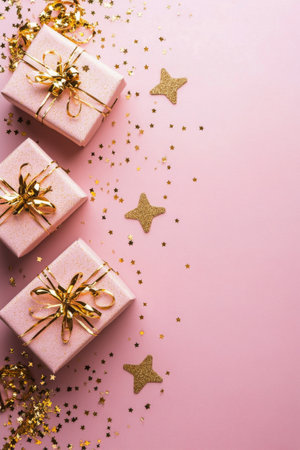 Three pastel pink gift boxes adorned with golden ribbons are arranged on a soft pink surface. Golden star confetti is scattered around, creating a festive atmosphere perfect for parties.の素材