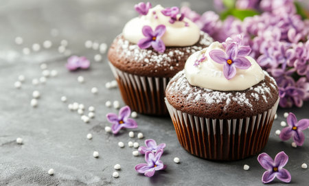 Two chocolate cupcakes are beautifully decorated with creamy lavender frosting and fresh purple flowers. They sit against a subtle gray background, creating an appealing dessert display.の素材