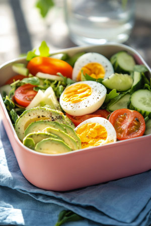 A vibrant salad bowl filled with fresh vegetables like avocado, cucumbers, tomatoes, and carrots. Poached eggs on top enhance the colorful mix, perfect for a picnic.の素材