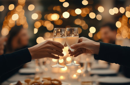 Four hands lift sparkling glasses in a toast, surrounded by twinkling lights and seasonal decorations. A festive table displays an assortment of delicious holiday treats, creating a warm atmosphere.の素材
