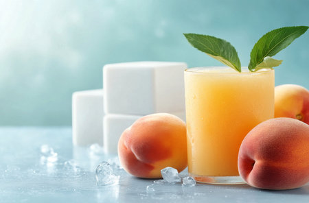 A glass filled with fresh peach juice is garnished with mint leaves, surrounded by ripe peaches and sugar cubes. The light blue background enhances the refreshing summer vibe.の素材