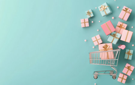 A shopping cart overflows with beautifully wrapped gifts in shades of pink, blue, and gold. The vibrant colors contrast against a soft blue background, creating a cheerful holiday atmosphere.の素材
