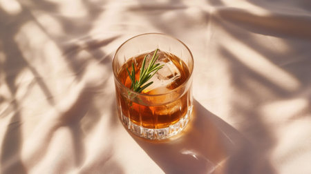 A glass filled with a golden cocktail sits on a soft surface, featuring a single clear ice cube and a sprig of rosemary. The gentle natural light creates an inviting atmosphere.の素材