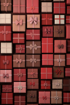 A vibrant display featuring an assortment of beautifully wrapped gifts composed of different shades of red and pink.の素材